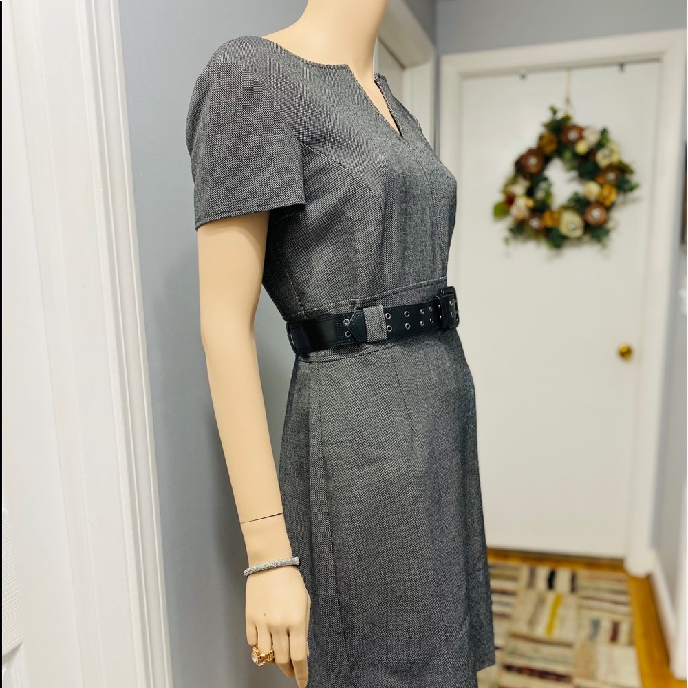 Tahari S Levine tweed Gray dress W Black belt - Picture 4 of 7